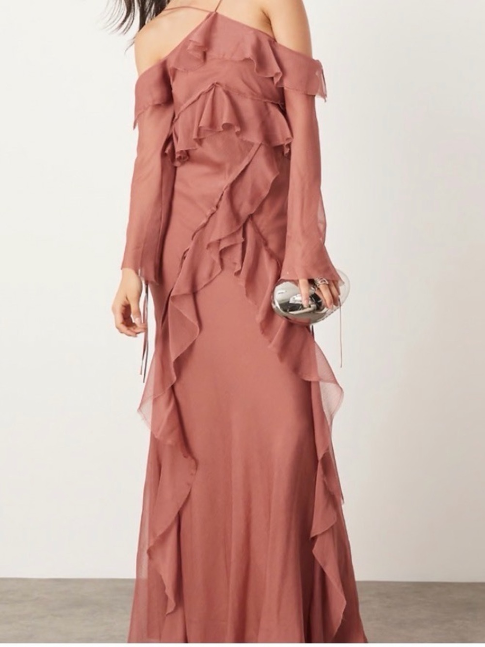 ASOS Halter Off-Shoulder Ruffle Evening Gown - Dusty Rose sz2 NWT